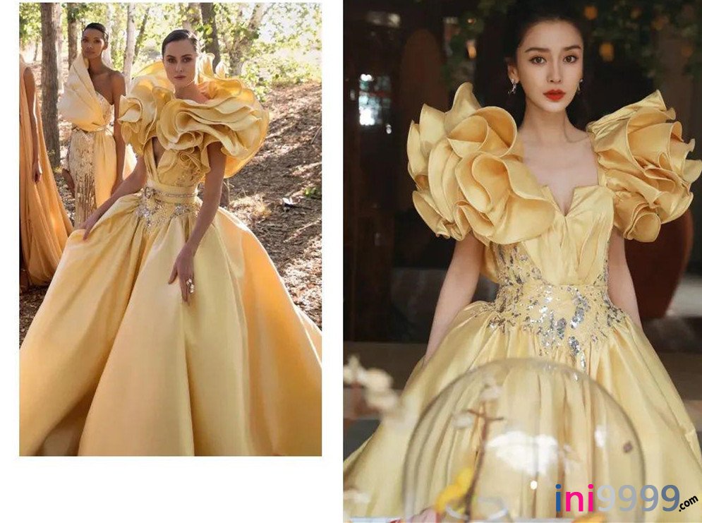 杨颖高定复古时尚结婚秀场红毯写真黄色宫廷礼