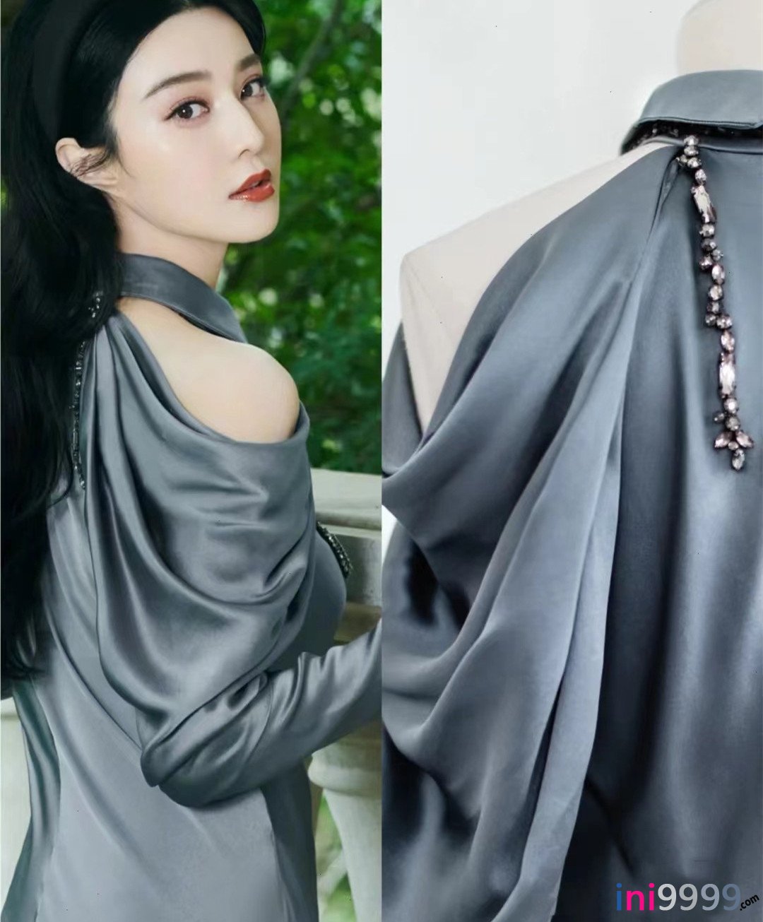 范冰冰高定同款高级重工钻饰深灰色修身礼服